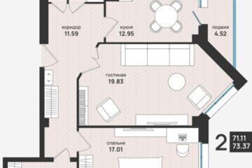 2-к квартира, 73,4 м², 4/13 эт.