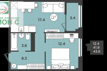 1-к квартира, 43,6 м², 2/12 эт.