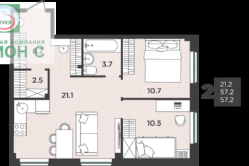 2-к квартира, 57,2 м², 1/12 эт.