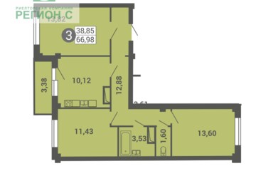 3-к квартира, 66,9 м², 2/15 эт.